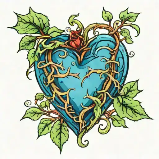 Blue Heart With Green Vine With Bloody Thorns Wrapped Tightly Around Heart