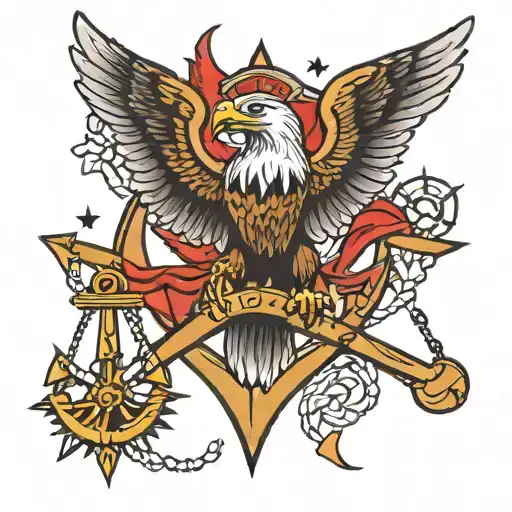 Sailor Jerry Style Tattoo Featuring Eagle Carrying Three Anchors And A Sheriffs Star