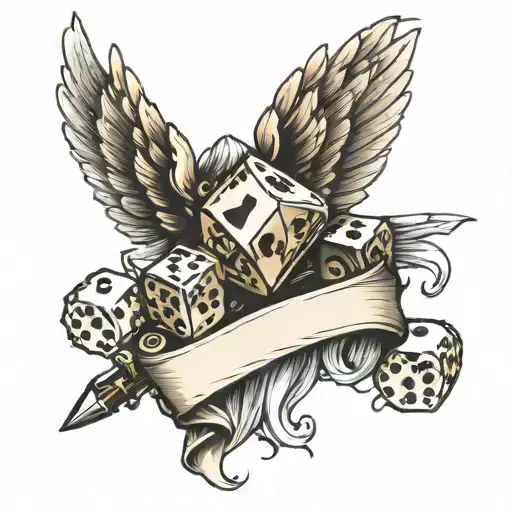 Dice With Wings And Sword Over A Banner