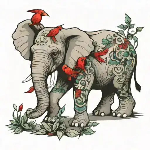 Elephant And Cardinal Bird