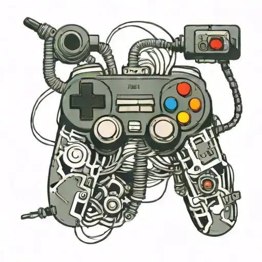 A Minimalist Tattoo Design Of A Retro Video Game Controller Intertwined With Car Parts