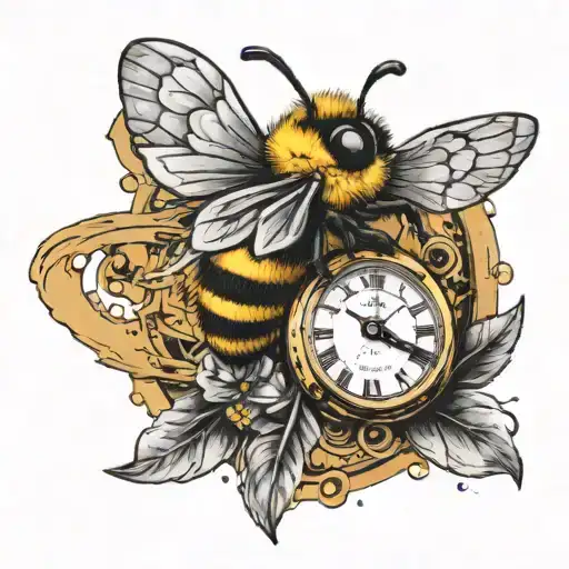 Bumble Bee Sitting On A Old Broken Time Watch With Four Feathers Hanging From It