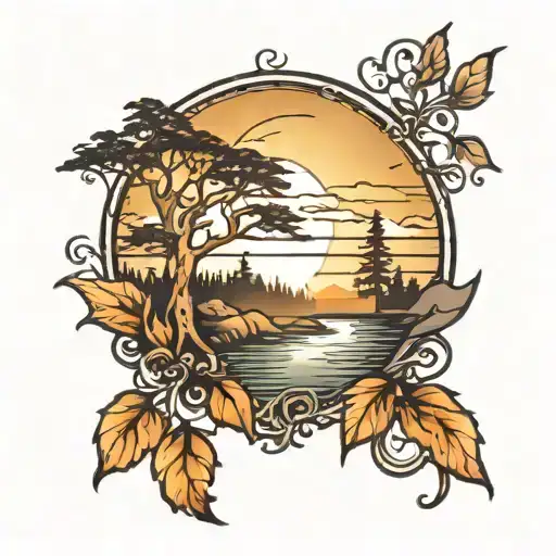 Half Sun Rising With Forest Faded In Back Ground With Color