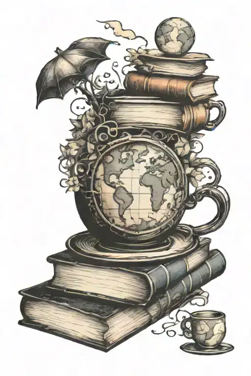 A Coffee Cup Morphing Into A Stack Of Books With A World Map In The Background
