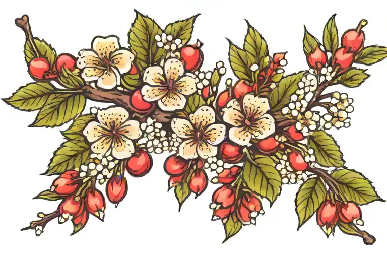 Cherry Branch With New Zealand Native Flowers Growing