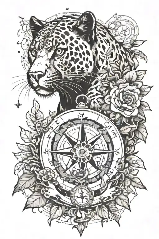 Panther And Forest With Compass Surrounded
