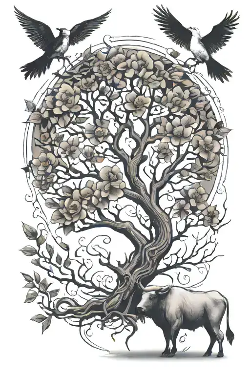 Tree Of Life With Bull And Bird Perched