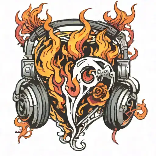 Neotraditional Design Of A Flaming Heart With Dj Headphones And Twin Flame Symbols Intertwined
