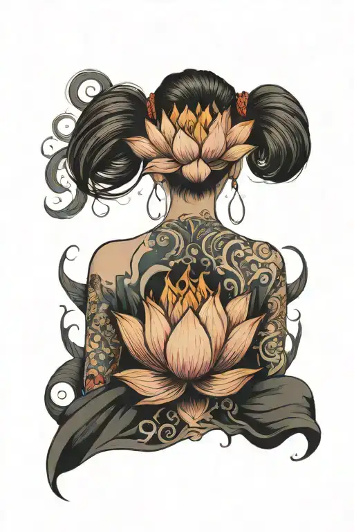 Woman Standing Back To The Viewer Holding Flaming Lotus Flower