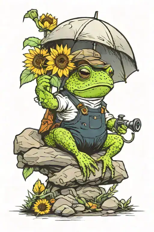 A Toad Sitting On A Rock Wearing A Hat And Overalls Holding A Sunflower By The Stem Like An Umbrella