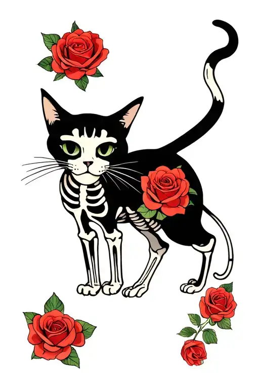 Cat Skeletons Rose Tattoo Design