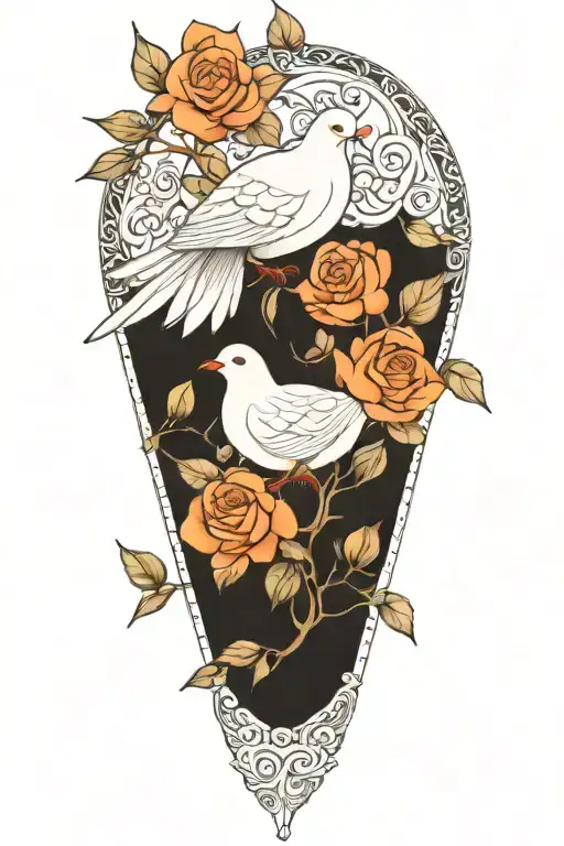 Zentangle Drawing Of A Seated Dove And Roses Growing