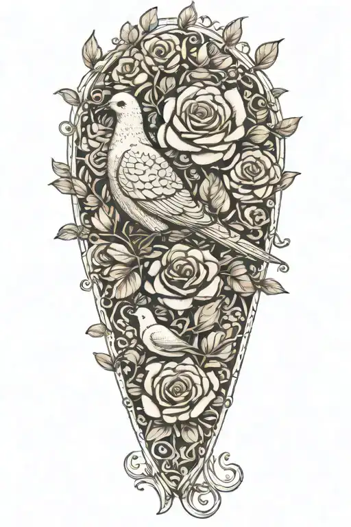 Zentangle Drawing Of A Seated Dove And Roses Growing