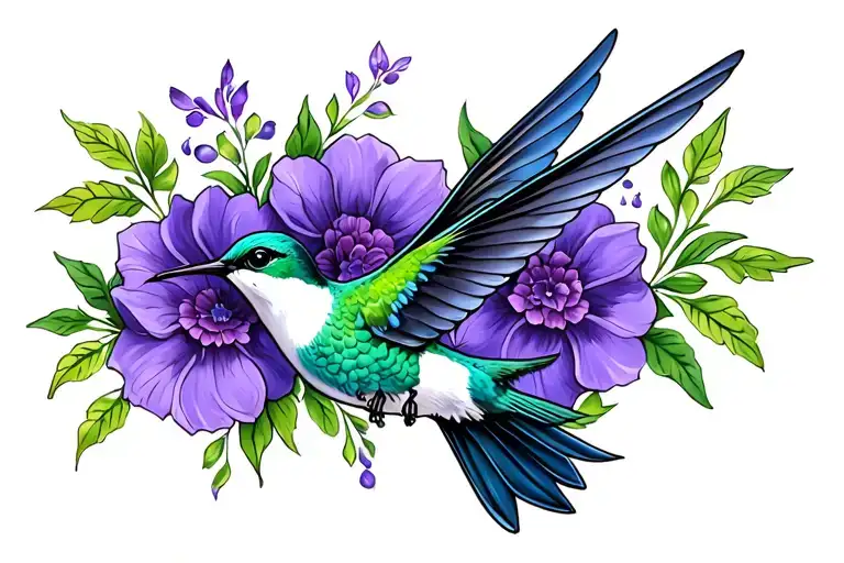 Violet Flower And Humming Bird Flying