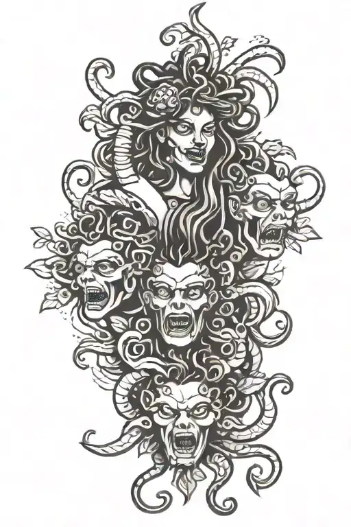 Black Medusa Leg Sleeve Tattoo Featuring Hear No Evil See No Evil Speak No Evil