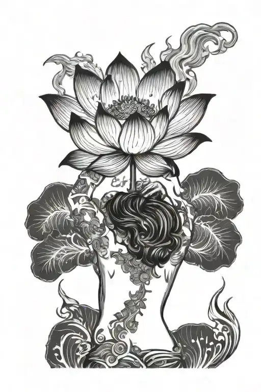Woman Standing Back To The Viewer Holding Flaming Lotus Flower In Her Hands Straight Above Her Head