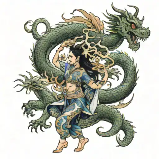 Thai Woman Dancing With Temple Behind Her And 9 Headed Dragon Full Back
