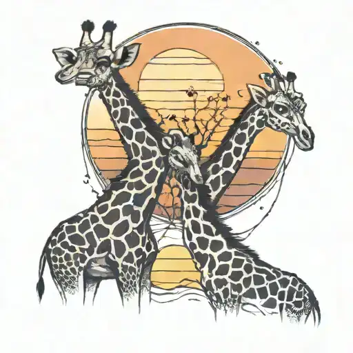 Two Young Giraffes Standing In Front Of A Sunset With One Having A Halo Over Its Head