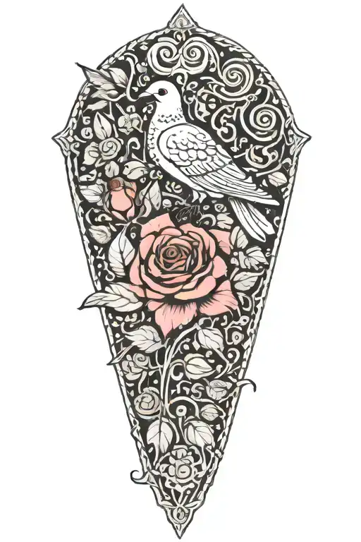 Zentangle Doodle Of A Seated Dove And Roses Growing