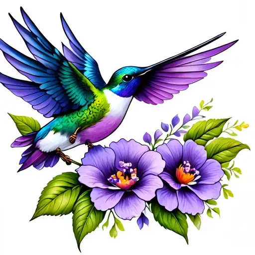 Violet Flower And Humming Bird Flying