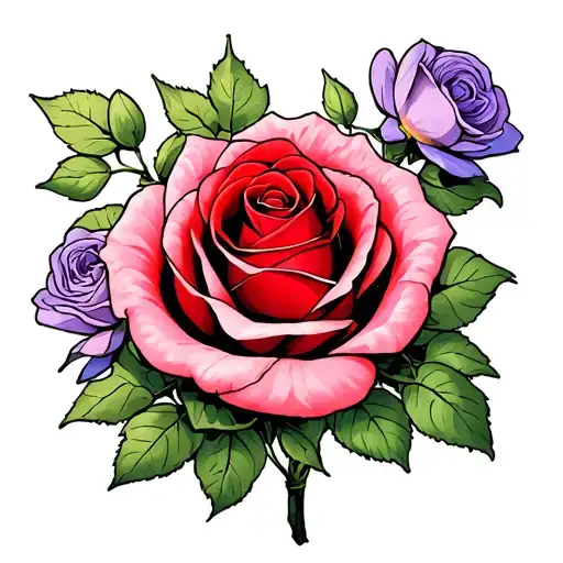 A Red Rose A Pink Rose And Two Violet Flowers