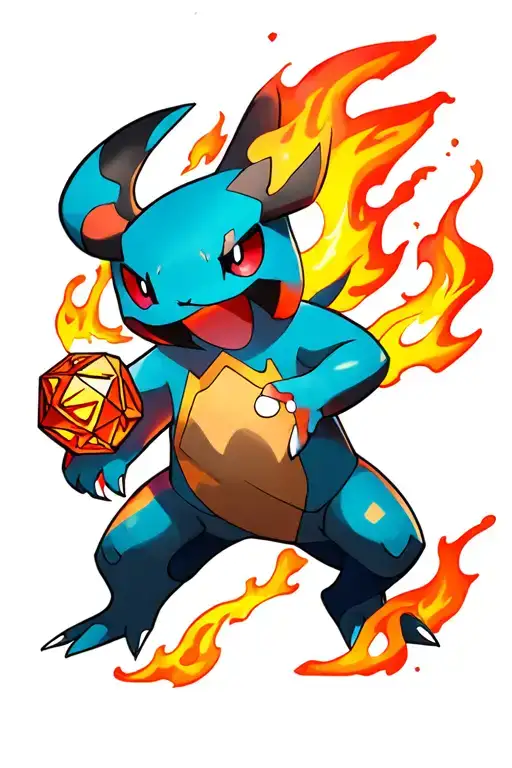 Arkanine Pokemon Charging Through Flame With A D20 Rolling A 20 Below It