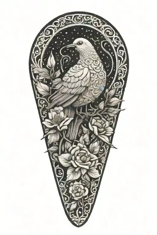 Zentangle Drawing Of A Perched Dove Atop Roses