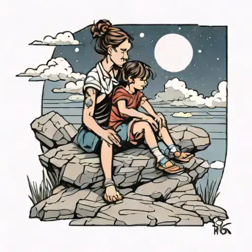 Kid Sitting With Mom On A Rock Looking At The Sky