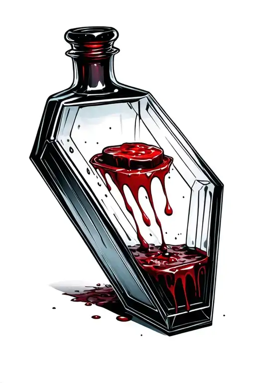 Black Glass Bottle Shaped Like A Coffin That Has Blood In It
