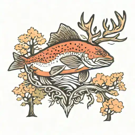 Trout And Deer Head With Trees