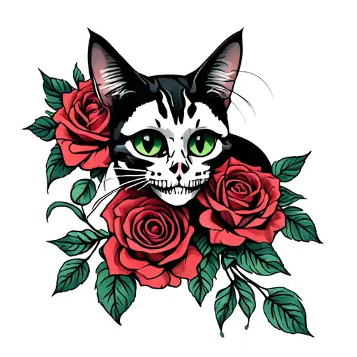 Cat Skeletons Rose Tattoo Design