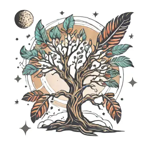 Tree In Space With Native American Feathers