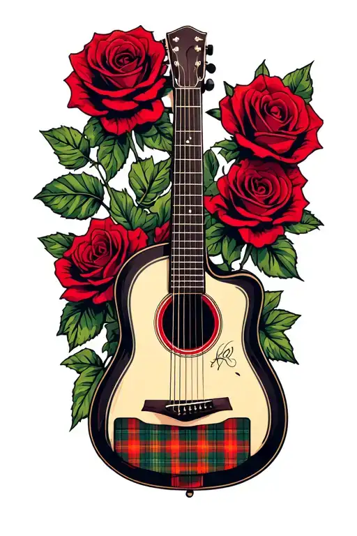 Acoustic Guitar With Roses And Stewart Tartan Plaid