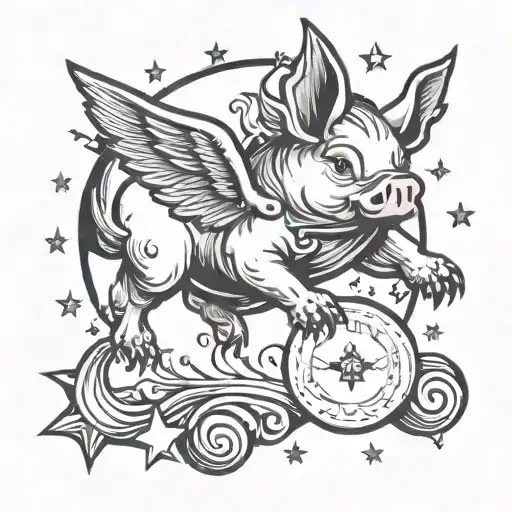 Flying Pig Over Moon And Stars