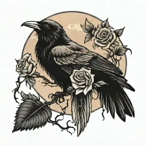 Moon With Crow Perched With Roses Wrapped