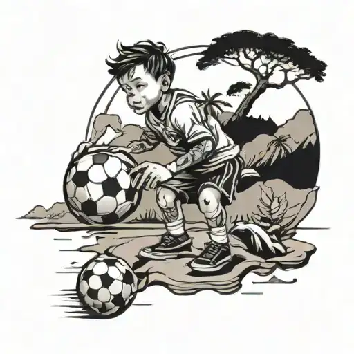 Small Kid With A Soccer Ball On A Islands Surrounded