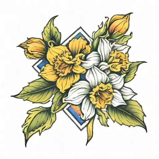 Daffodil And Marigold Flower With Rainbow