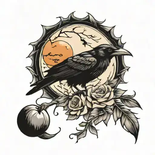 Black Raven Flowers Orange Moon