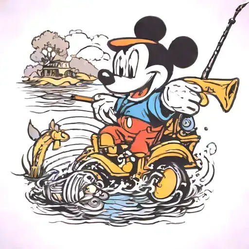 Micky Mouse Fishing Out Of A Truck Into Pond