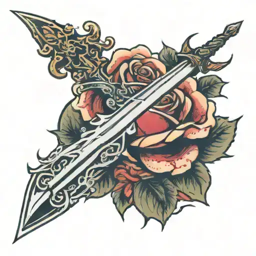 One Long Sword Pearcing Through Rose With Fire Behind It