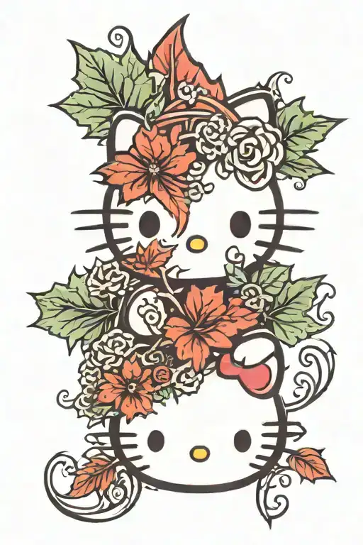 Hello Kitty With Maple Leaf Background Black