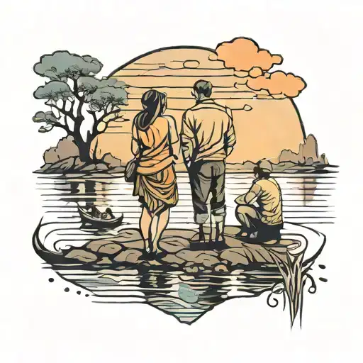 People Standing At The River Watching The Sunset