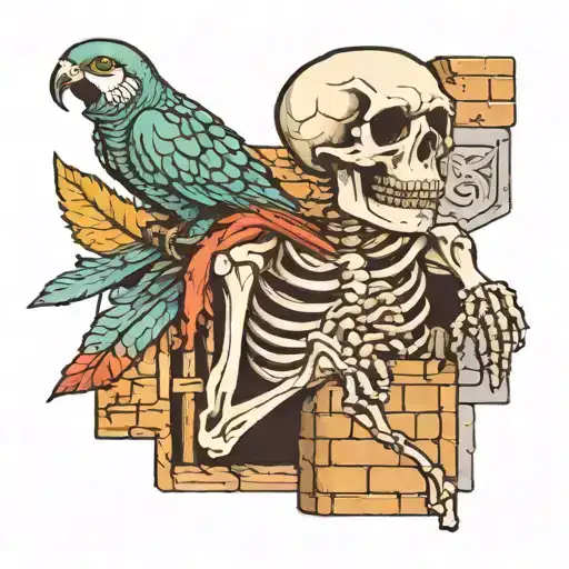 Skeleton Sitting Up Against A Brick Wall With A Parakeet On Its Shoulder With A Worm In Its Mouth