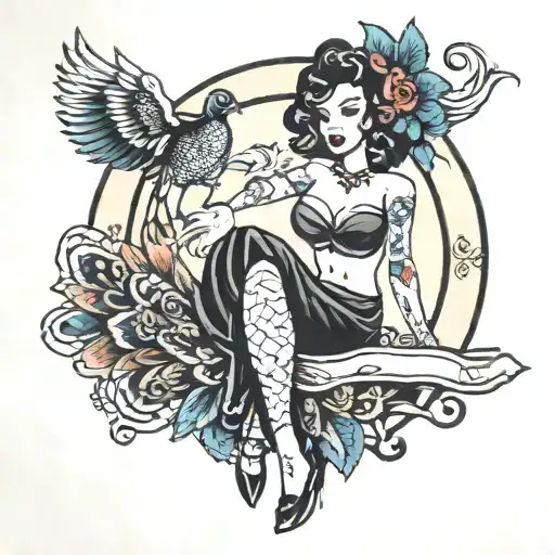 Sailor Jerry Pin Up Girl With Peacock