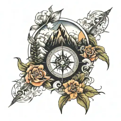 Mountain With Compass Rose And Skies