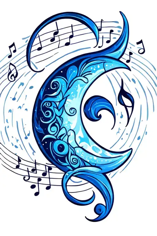 Blue Crescent Moon With Musical Notes