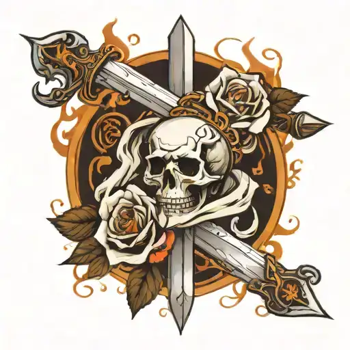 Sword With Skull On Top Of The Handle Pearcing Through Rose With Fire Backround