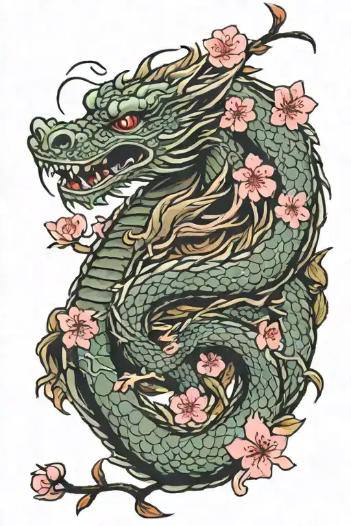 Japanese Dragon Around Forearm With Cherry Blossoms