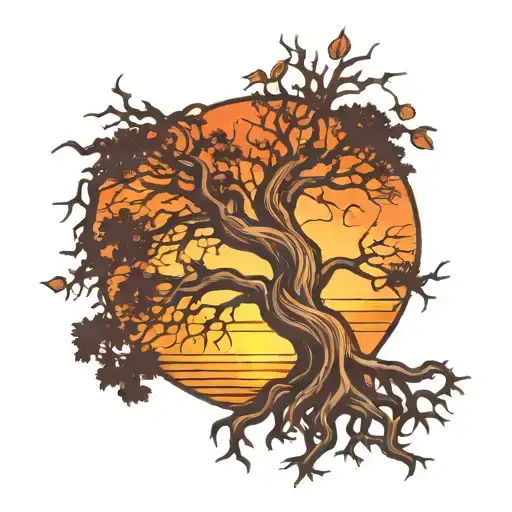 Tree With Roots Making A Heart And Sunset Background