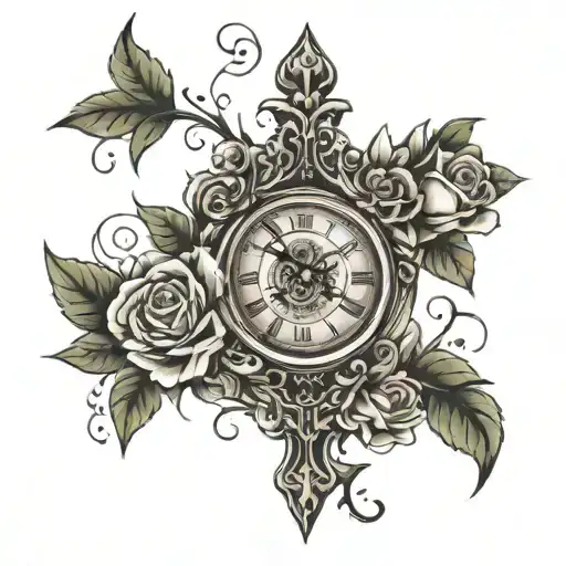 Religious Cross With Roses And Clock Sleeve